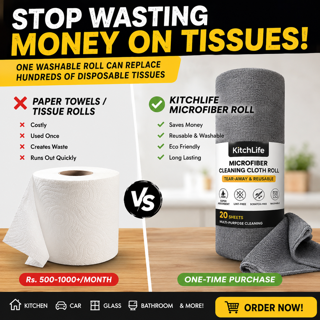 50 washes Microfiber Ultra Absorbent, Washable Cleaning Towel Roll of 20 Sheets. Easily Detachable (Great to use for Kitchen, Mirrors, Car, Gym, Sports)