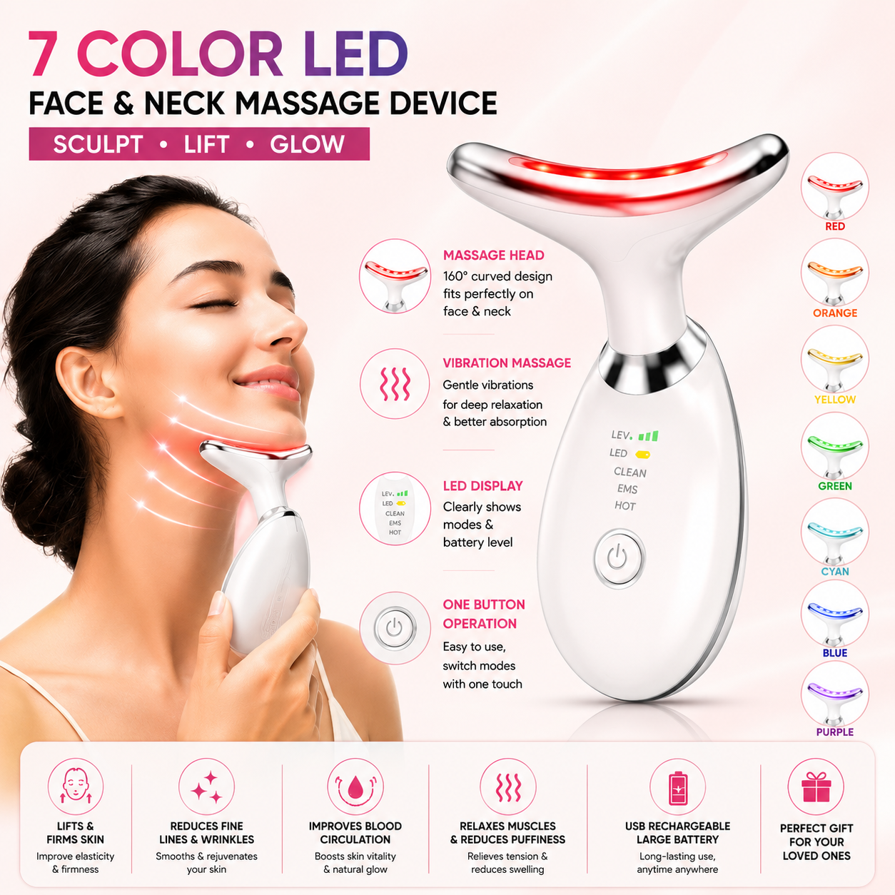 A 7-color LED Face and Neck Massage Device, a Multifunctional Color Light Vibration Massager Beauty Device, USB Rechargeable Large-capacity Battery, Suitable for Women to Take Out