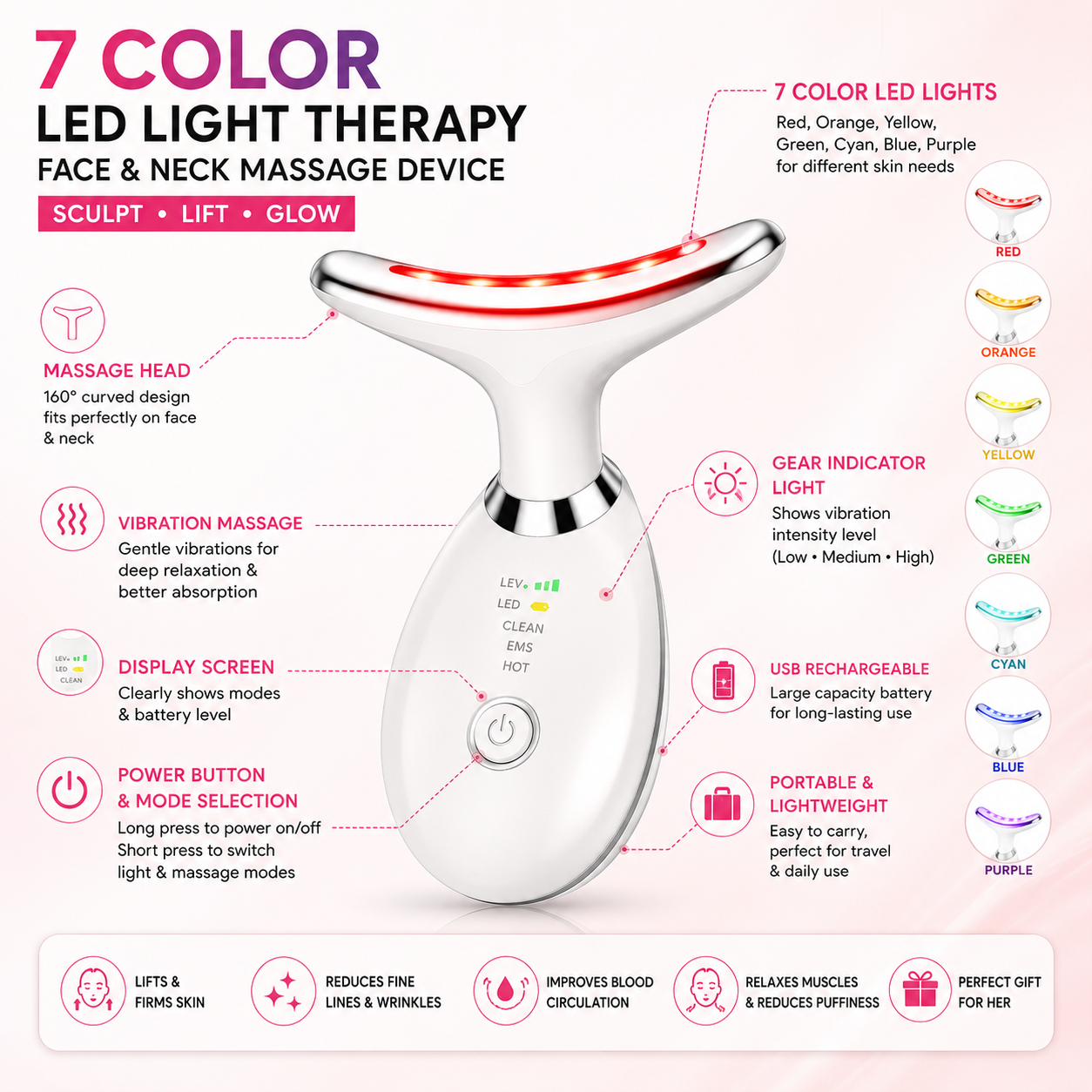 A 7-color LED Face and Neck Massage Device, a Multifunctional Color Light Vibration Massager Beauty Device, USB Rechargeable Large-capacity Battery, Suitable for Women to Take Out
