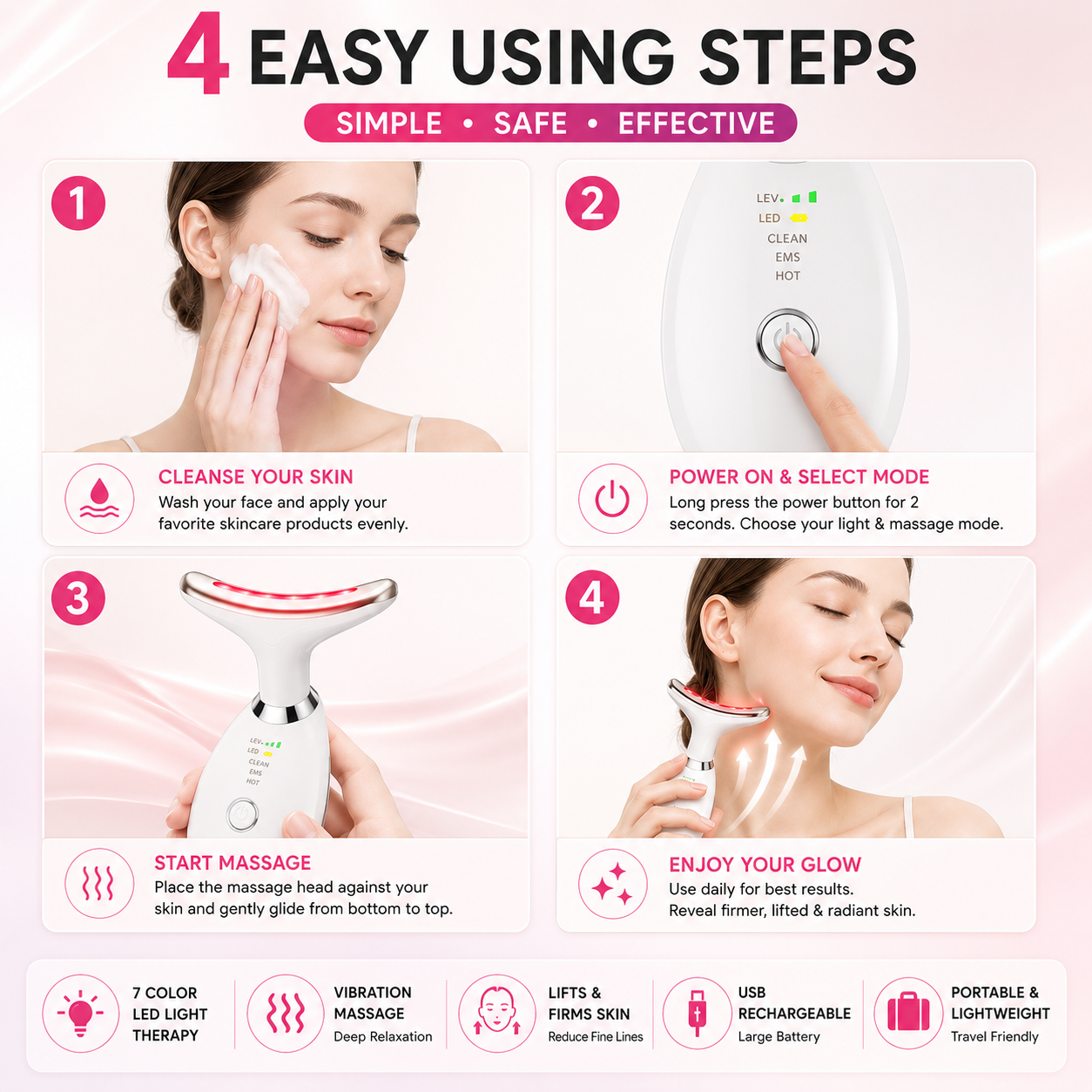 A 7-color LED Face and Neck Massage Device, a Multifunctional Color Light Vibration Massager Beauty Device, USB Rechargeable Large-capacity Battery, Suitable for Women to Take Out