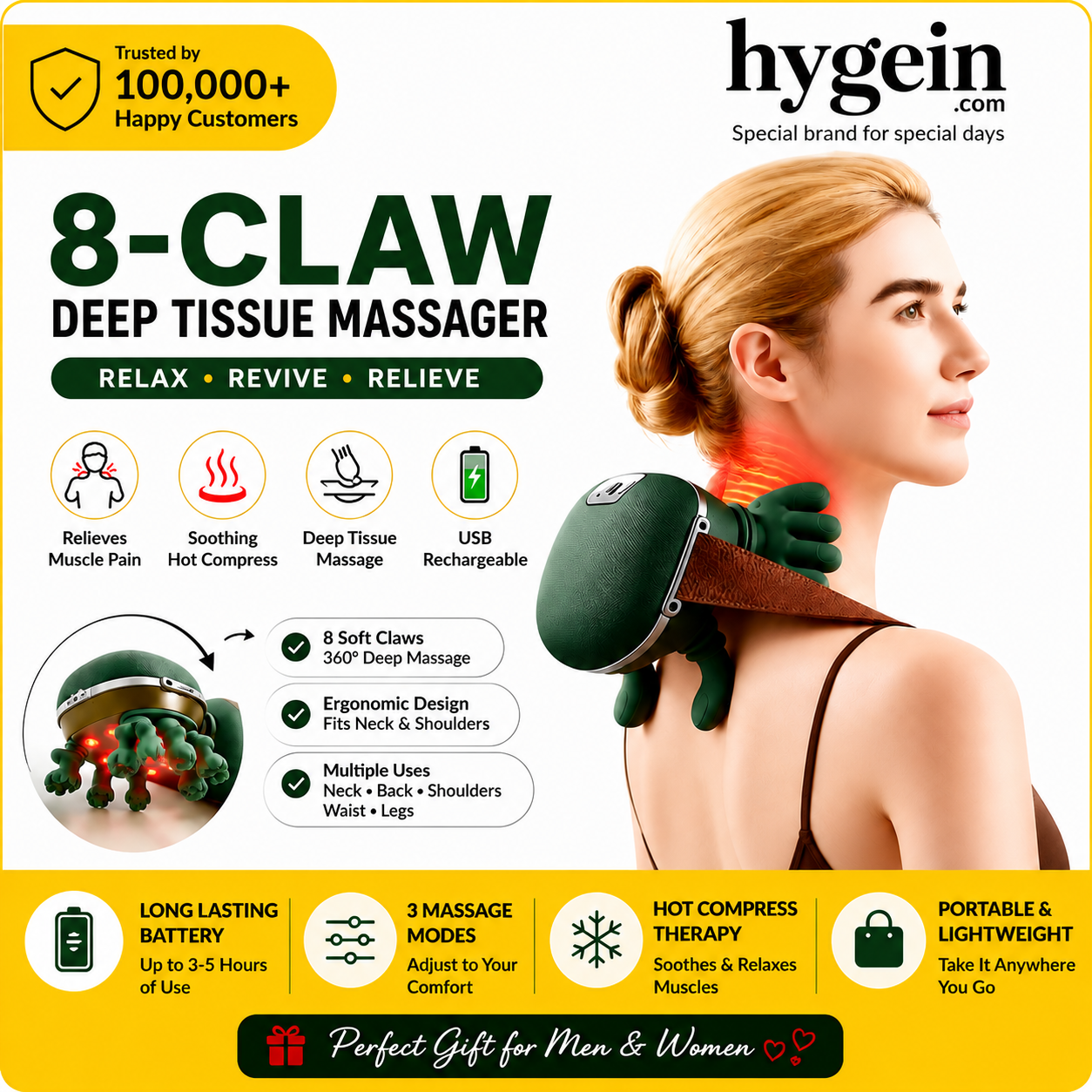 Rechargeable Deep Tissue Massager, 8-Claw - Portable Finger Pressure for Neck, Back, Shoulders, And Legs