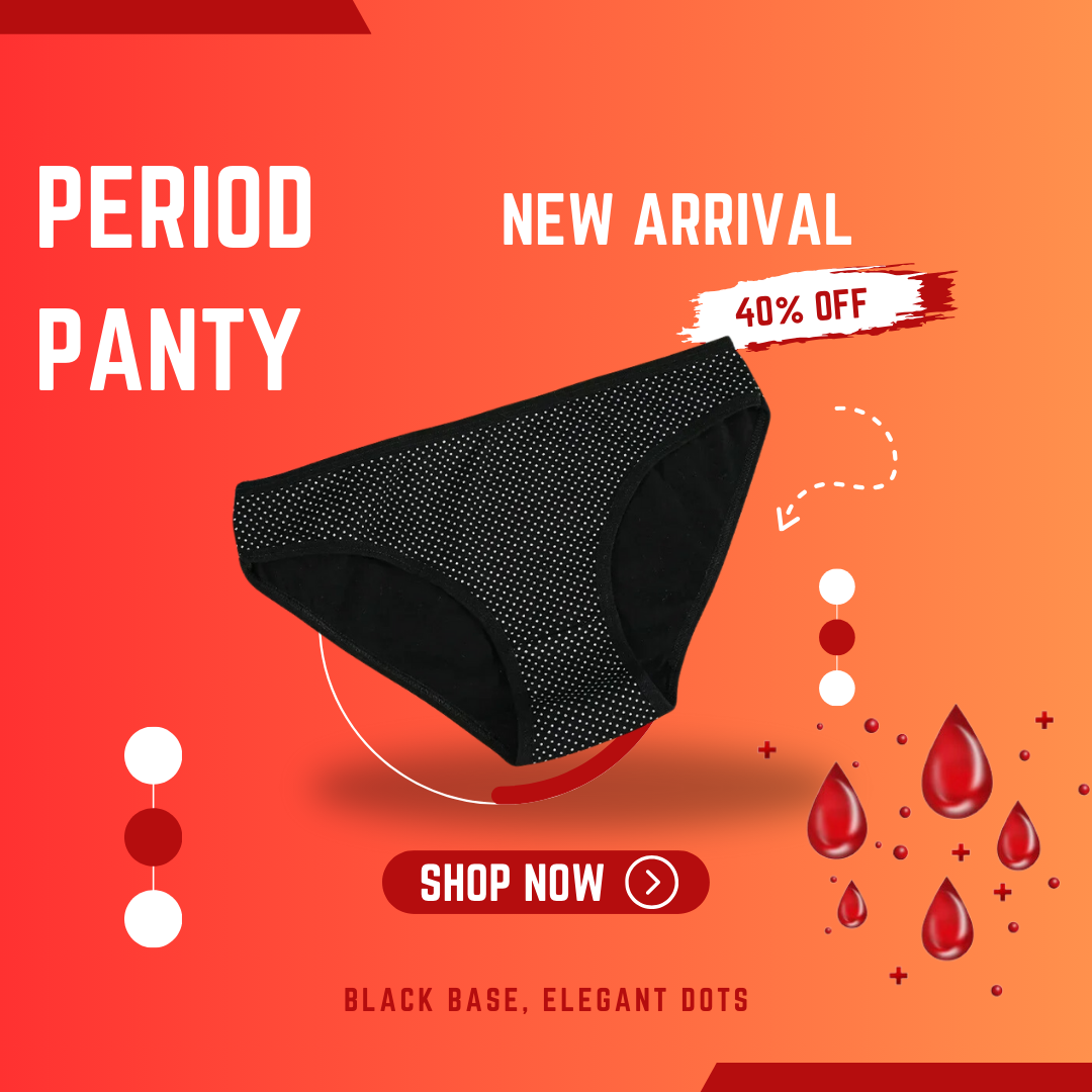 4 Layers Absorbent Period Panty, Black fabric with white dots