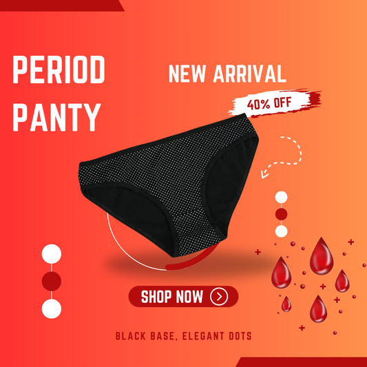 4 Layers Absorbent Period Panty, Black fabric with white dots