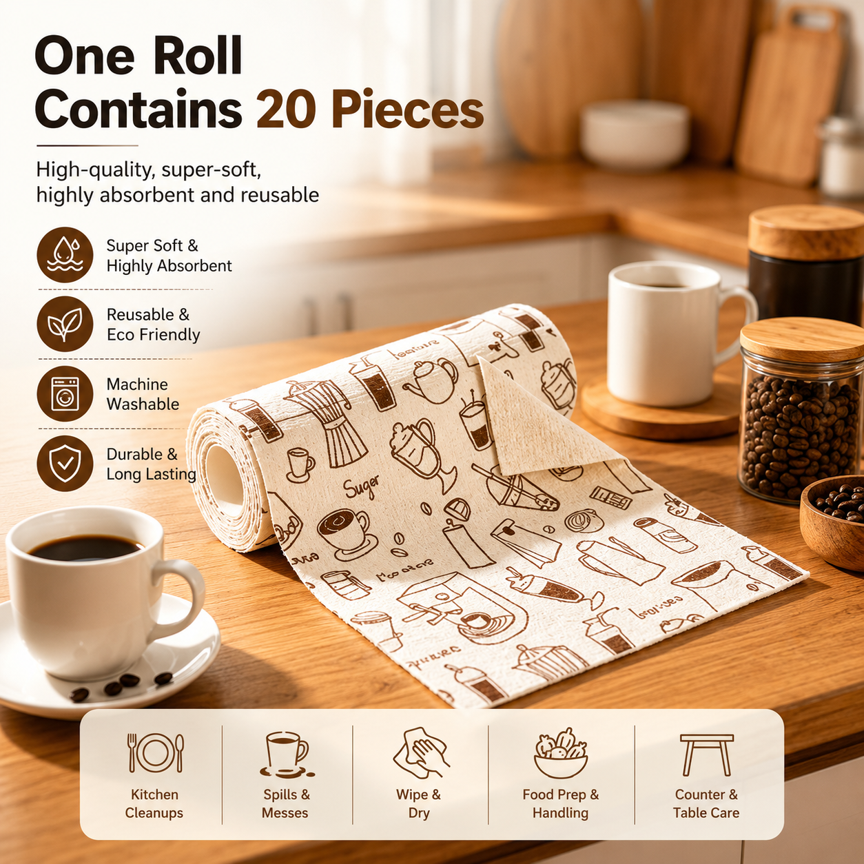 50 washes Microfiber Ultra Absorbent, Washable Cleaning Towel Roll of 20 Sheets. Easily Detachable (Great to use for Kitchen, Mirrors, Car, Gym, Sports)