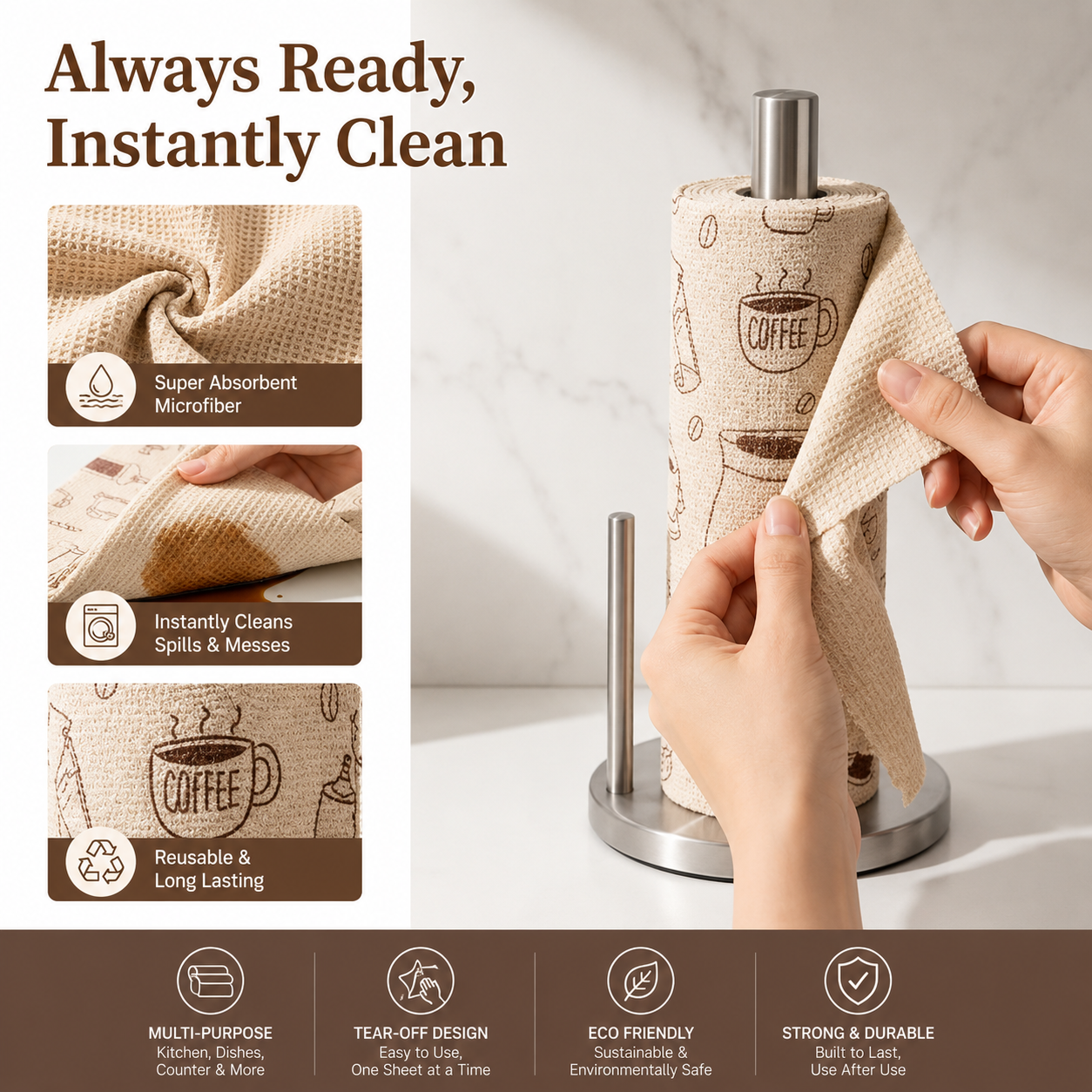 50 washes Microfiber Ultra Absorbent, Washable Cleaning Towel Roll of 20 Sheets. Easily Detachable (Great to use for Kitchen, Mirrors, Car, Gym, Sports)