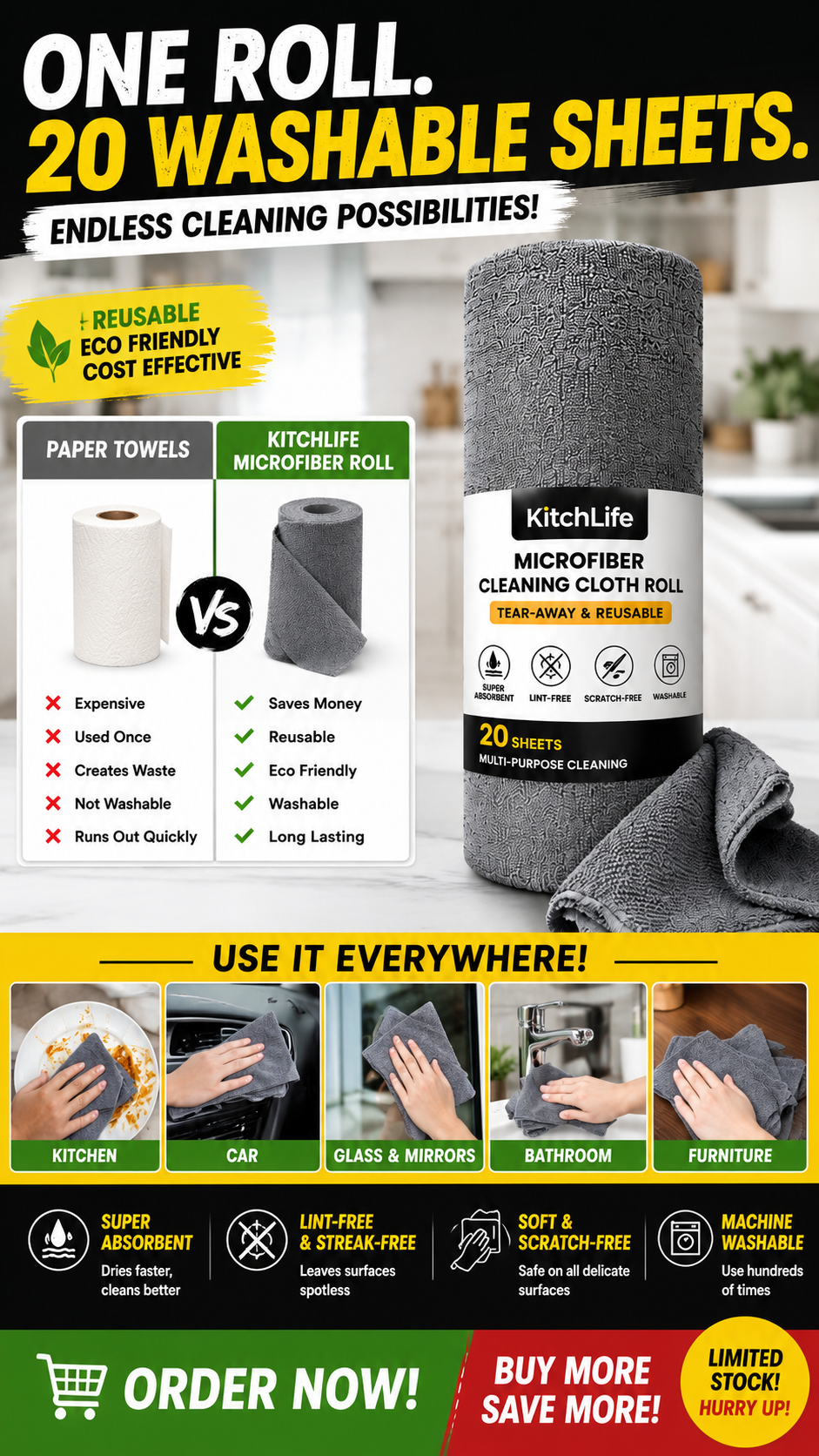 50 washes Microfiber Ultra Absorbent, Washable Cleaning Towel Roll of 20 Sheets. Easily Detachable (Great to use for Kitchen, Mirrors, Car, Gym, Sports)