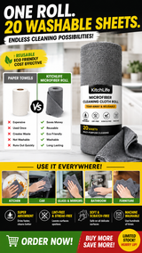 50 washes Microfiber Ultra Absorbent, Washable Cleaning Towel Roll of 20 Sheets. Easily Detachable (Great to use for Kitchen, Mirrors, Car, Gym, Sports)