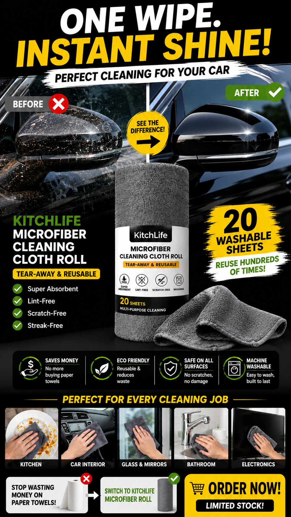 50 washes Microfiber Ultra Absorbent, Washable Cleaning Towel Roll of 20 Sheets. Easily Detachable (Great to use for Kitchen, Mirrors, Car, Gym, Sports)