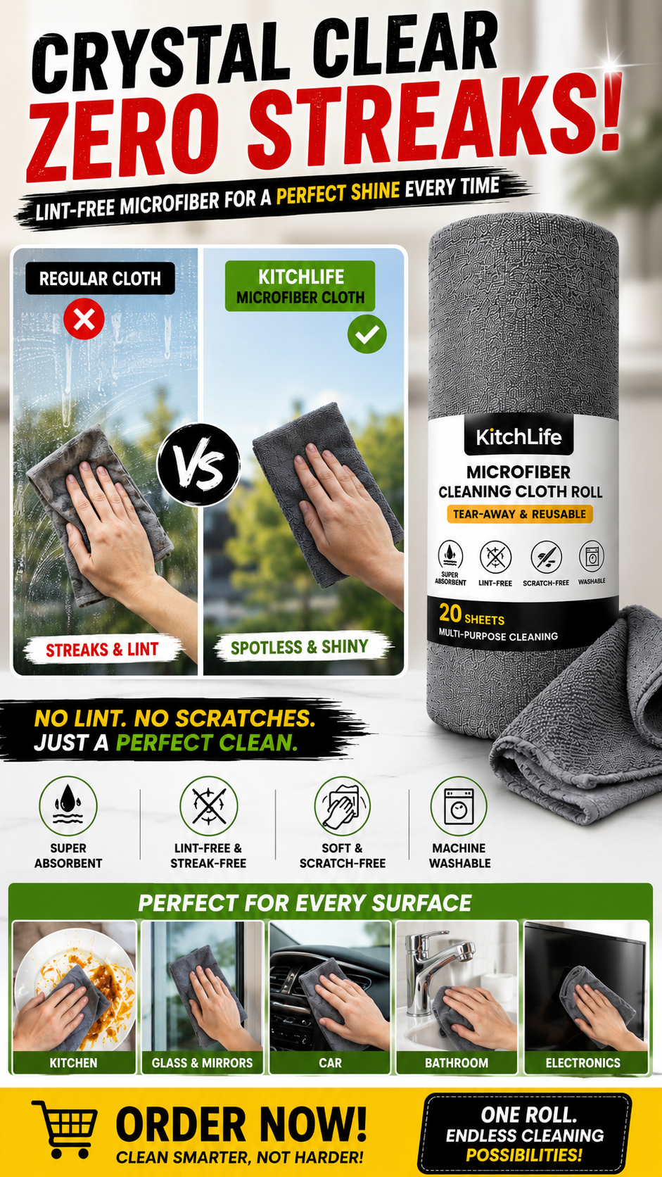 50 washes Microfiber Ultra Absorbent, Washable Cleaning Towel Roll of 20 Sheets. Easily Detachable (Great to use for Kitchen, Mirrors, Car, Gym, Sports)