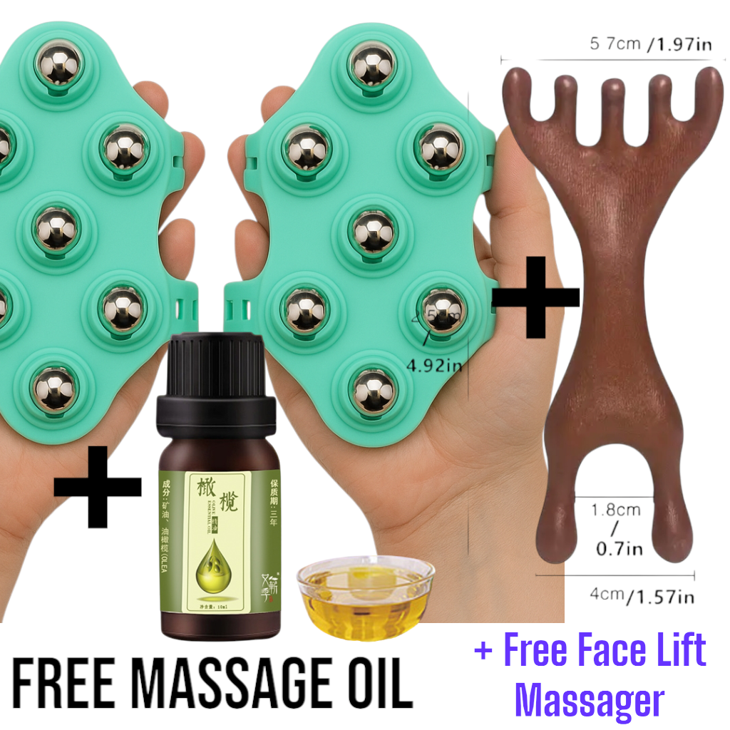 4 in 1 Massag product, 7 Beeds Roller Ball Body Massager Gloves Pair + Face Lifter + Essential Oil